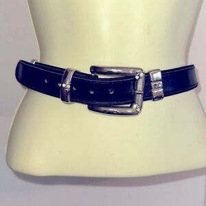Vintage Mondi black leather belt with rhinestones & silver detailing